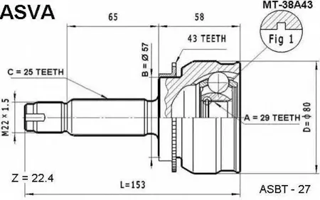 ASVA MT38A43 ШРУС MITSUBISHI LANCER/OUTLANDER 03- наружн. 29x57x25