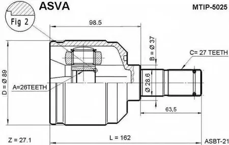 ASVA MTIP5025 Шрус внутренний 26x37x27