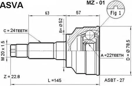 ASVA MZ01 ШРУС MAZDA 323 наружн. 22x52x24