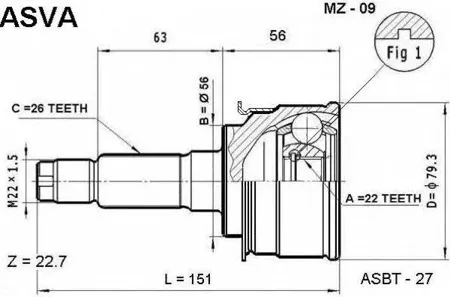 ASVA MZ09 ШРУС наружный 22x56x26