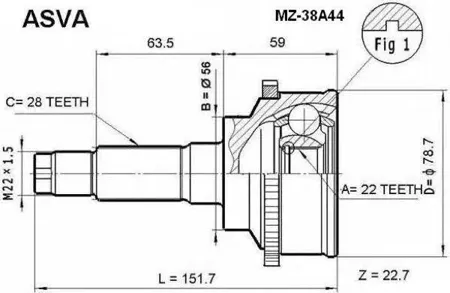 ASVA MZ38A44 ШРУС MAZDA CAPELLA 626 TELSTER CARGO GFER/GWER/GW5R 4WD XEDOS-6 CA KIA SHUMA SEPHIA наруж.