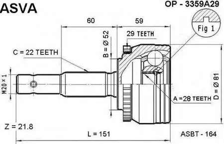 ASVA OP3359A29 ШРУС НАРУЖНЫЙ 28X52X22