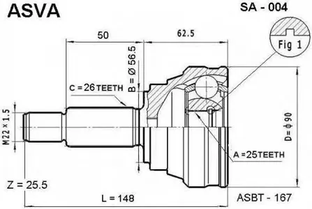 ASVA SA004 ШРУС НАРУЖНЫЙ (25X57X26)