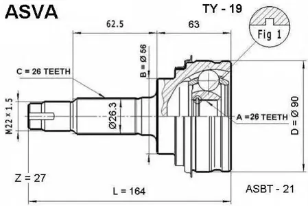 ASVA TY19 ШРУС НАРУЖНЫЙ 26x56x26 (TOYOTA : COROLLA,SPRINTER AE92 (4A-GZE))